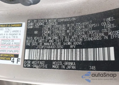 2004 Toyota Highlander Limited V6 z USA, uszkodzony, nr VIN JTEDP21AX40013050